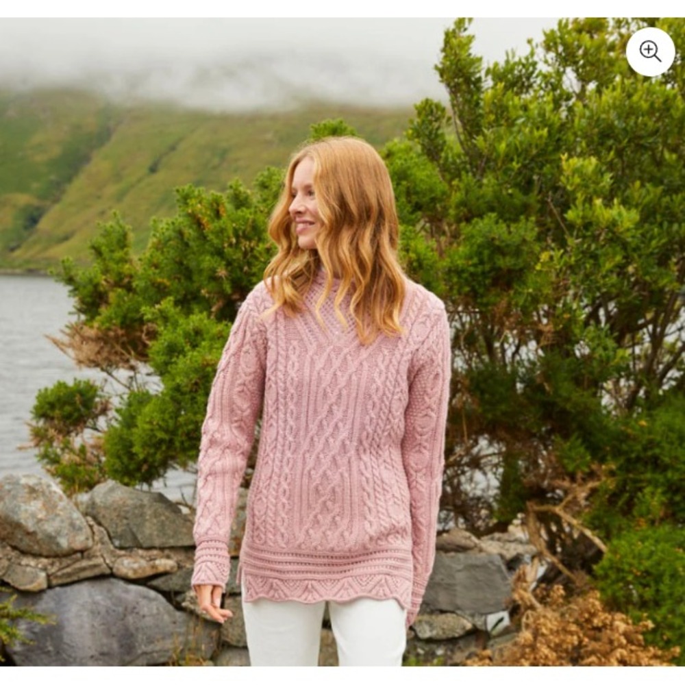 The Irish Store Aran Tunic Sweater Womens XL 100% Merino Wool Pink Cable Knit